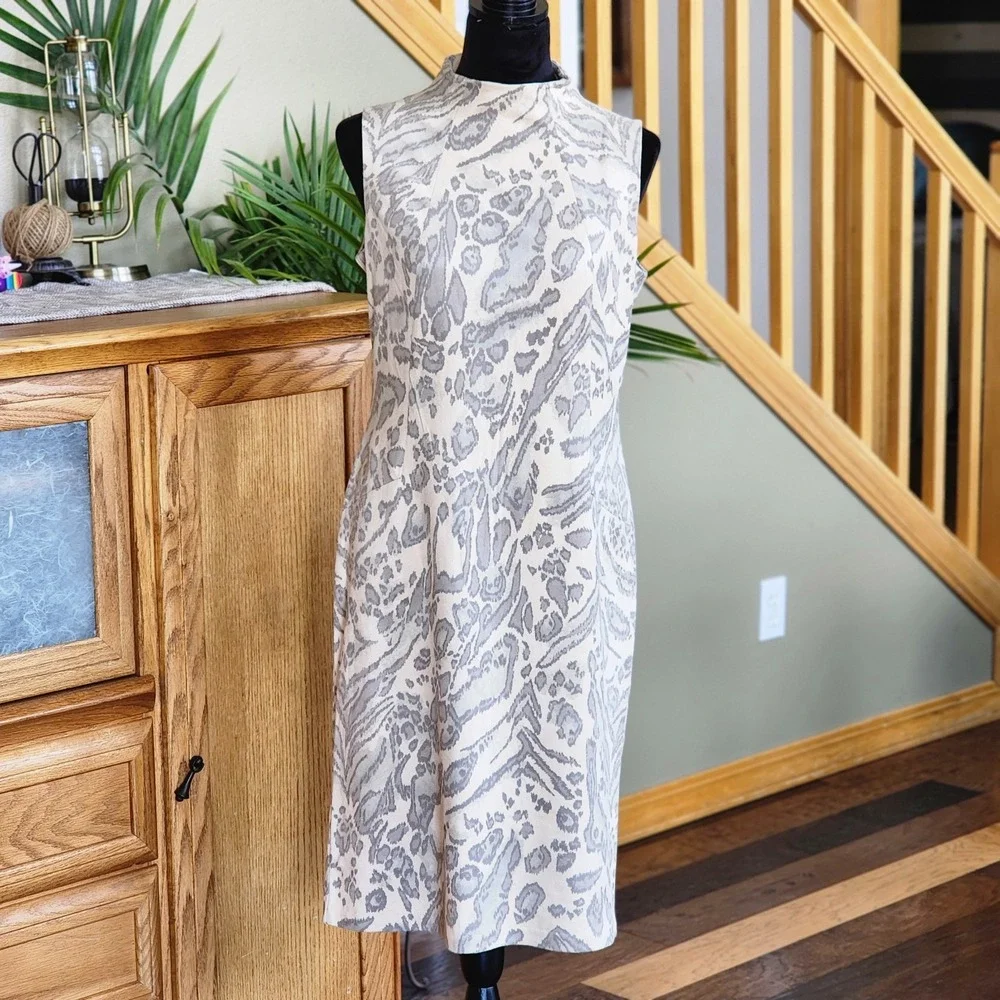 J. McLaughlin Liz Faux Suede Jaguar Print Sheath Dress Beige Sz‎ Med Mock Neck
